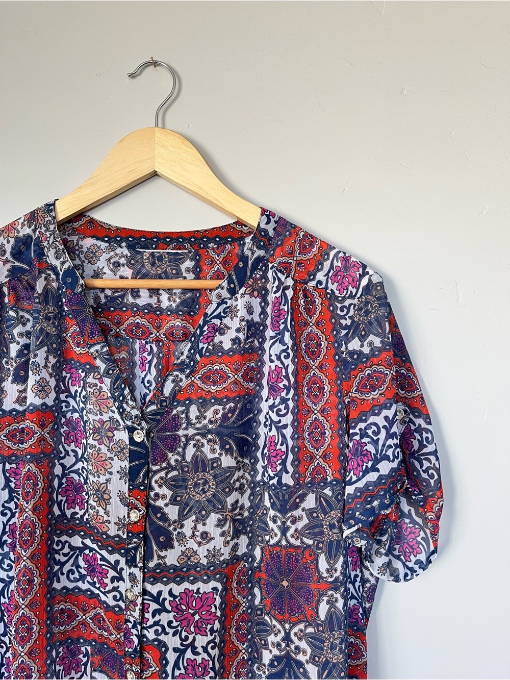 Red, Blue, & Purple Patterned Lightweight Button Front Short Sleeve Shirt